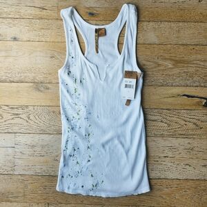 Vintage ABS Allen Schwartz White Rhinestone Embellished Ribbed Stretchy Tank Top